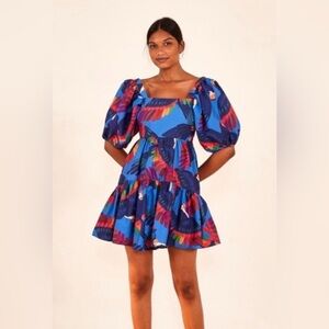 Farm Rio rainbow and blue macaw mini dress Size: Large